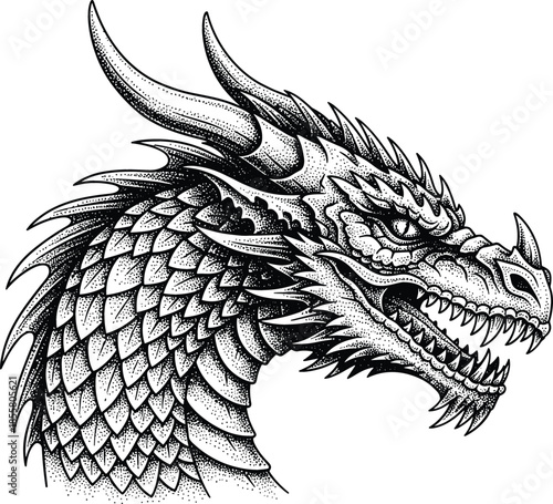 Detailed black and white stipple art dragon head illustration featuring sharp scales curved horns and fierce mythological expression.