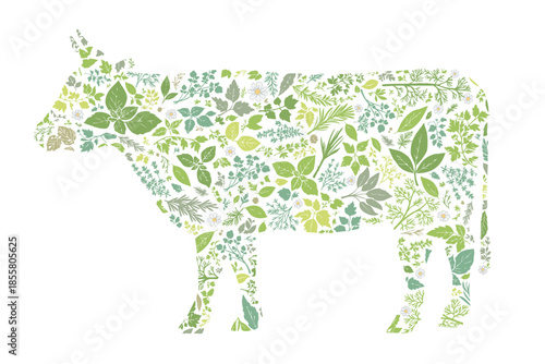 ハーブ柄で構成された牛のシルエット