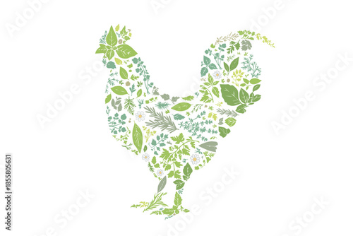 ハーブ柄で構成された鶏のシルエット
