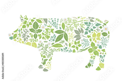 ハーブ柄で構成された豚のシルエット