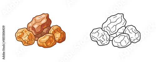 Golden frankincense resin pieces and black outline sketch isolated on white background depicting aromatic incense material for spiritual or medicinal use in cartoon style