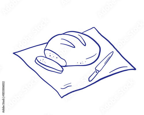 Bread and knife on blanket or napkin at picnic, outline drawing, whimsical baked product, doodle line illustration