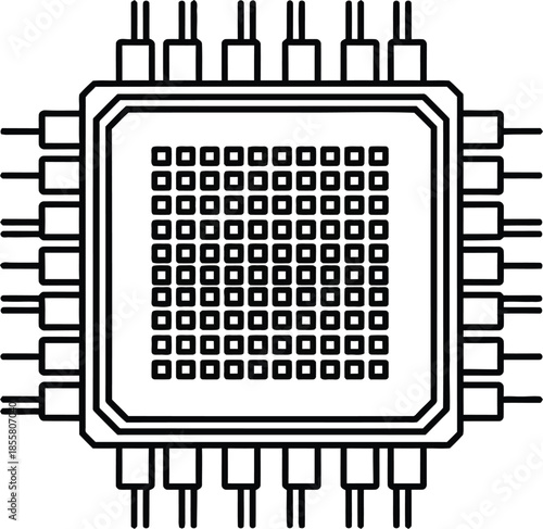 Outline drawing of a microchip with many pins and a grid of squares in the center