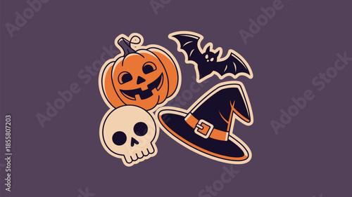 Halloween symbols including pumpkin, skull, witch hat, and bat