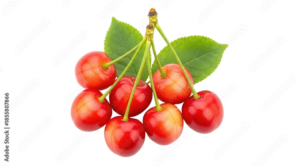 Obraz premium Isolated Bing Cherries Still Life, Group of Red Fruit, Fresh Cherry Leaves, Healthy Food