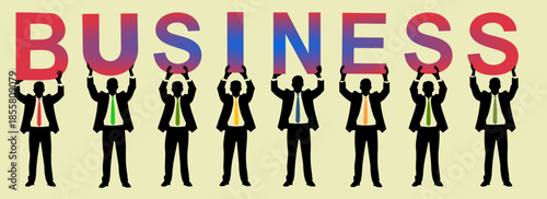 Business concept illustration with silhouette professionals holding BUSINESS lettering symbolizing.