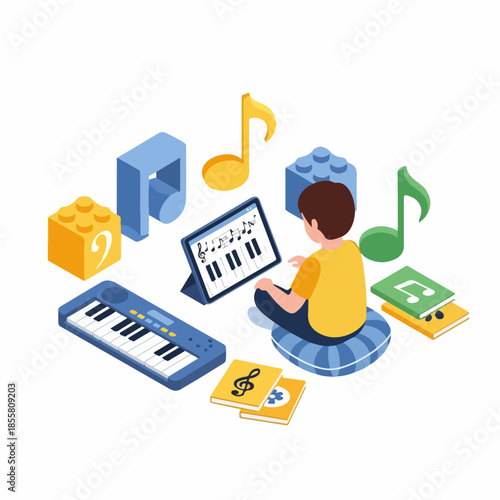 Isometric Minimalist Boy Play Musical Instrument With Block Learning Illustration