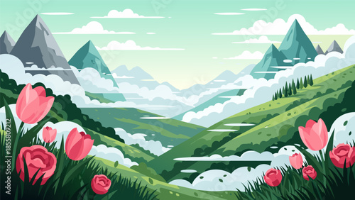 Vector illustration of a serene mountain landscape with tulips and rolling hills