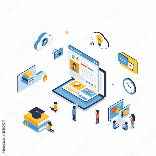 Isometric Education and Online Learning System on Laptop Illustration Concept