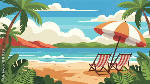 Tropical beach scene with lounge chairs and umbrella vector illustration