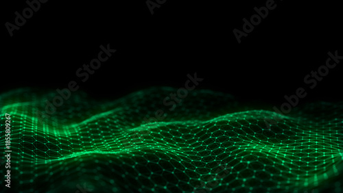 Dark hexagon wave of particles and lines with glitch effect. Big data visualization. Abstract background with a dynamic wave. 3d rendering.