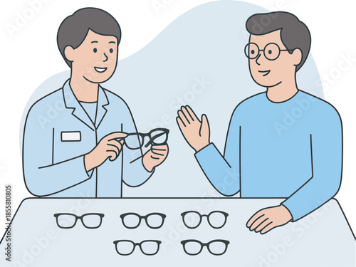 Visionary Selection: An optician presents an array of eyewear choices to a discerning client, sparking a conversation about clarity and style.