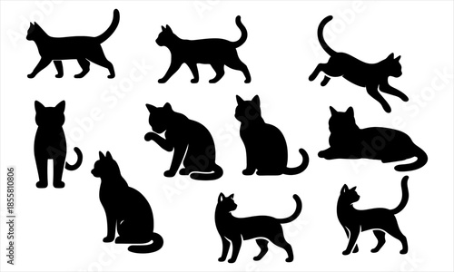 Clean and simple black cat silhouettes capturing dynamic leap and run poses, perfect for modern vector icons, branding, stickers, and animated graphic projects with transparent background. 