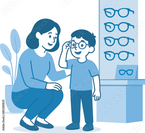 Eyeglass Fitting: An illustration of a mother and child at an optical shop. The illustration of a boy trying on eyeglasses with the support of his mother, demonstrating the importance of eye care.