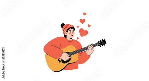 Young person in a red sweater and beanie playing an acoustic guitar and singing a love song with hearts floating up.