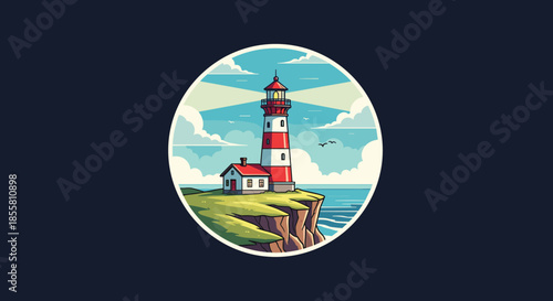 Classic red and white striped lighthouse stands on a grassy cliff overlooking the ocean in a beautiful pixel art circular emblem.