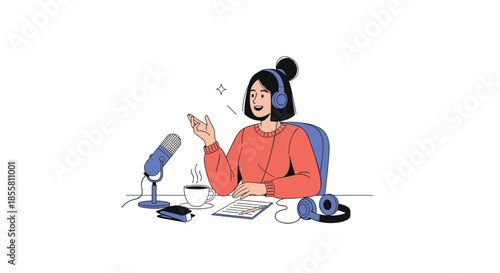 Young woman with headphones speaks into a professional microphone while recording a podcast or live stream from her home studio.