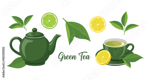 Collection of green tea elements including a teapot a cup fresh leaves and slices of lemon and lime for a healthy beverage.