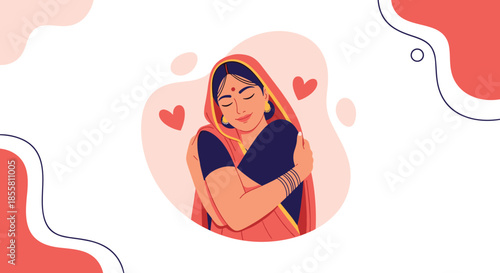 Happy Indian woman in a traditional sari and jewelry lovingly hugs herself demonstrating self-love and self-care concepts.