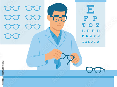 Vision Care Expert: A skilled optometrist examines a pair of spectacles with precision. The scene reflects care for vision, offering a sense of assurance and trust in an eye exam environment. 