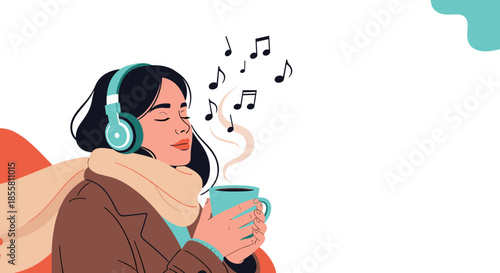Peaceful young woman wearing a scarf and headphones enjoys listening to calming music while holding a hot drink in her hands.