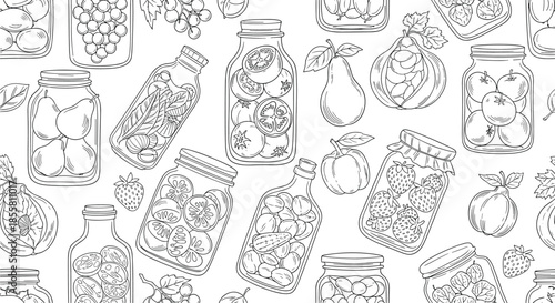 Monochrome seamless background pattern featuring various hand-drawn preserved fruits and vegetables in different glass containers.