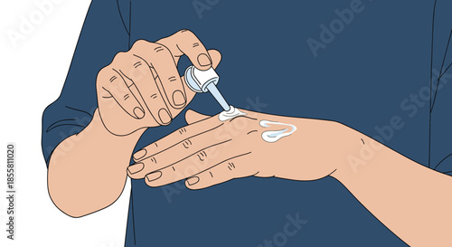 Close-up illustration of a person applying a soothing cream or moisturizing lotion to the back of their hand with a dropper.