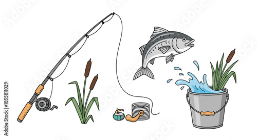 Set of cartoon fishing equipment including a rod bait a bucket with water and a fish jumping out of the splashing water.