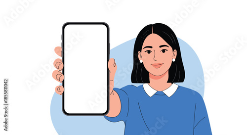 Smiling young woman holds up a modern smartphone with a blank white screen for you to add your own message or application.