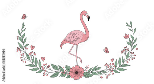 Elegant pink flamingo stands among a beautiful decorative wreath of green leaves pink flowers berries and flying butterflies.