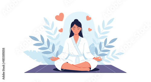 Peaceful young woman in a white robe sits in the lotus position on a yoga mat practicing meditation for mental well-being.