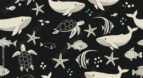 Seamless monochrome pattern with hand-drawn whales sea turtles fish and starfish on a dark background for a nautical theme.