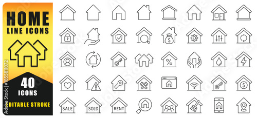 Clean And Modern Home Line Icon Set Featuring 40 Editable Stroke Icons For Real Estate, Property Management, Smart Home, Security, Rent, Sale, And Housing Applications In Web, App, And Print Design. I