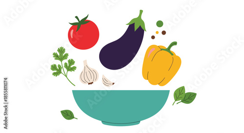 Fresh organic vegetables and herbs like tomato eggplant and pepper are flying into a bowl for a healthy and nutritious salad.