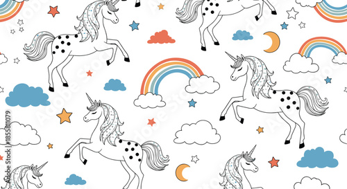 Seamless childish pattern with magical unicorns rainbows clouds stars and moons on a white background for nursery decoration.