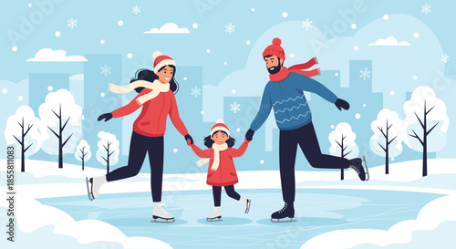 Happy family with a mother father and daughter hold hands while ice skating together in a snowy city park for winter fun.