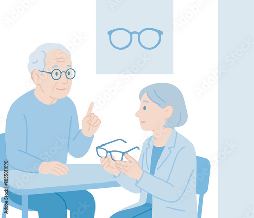 Vision Care Consultation: An older individual consults with a vision specialist, exploring different frames to find the ideal eyeglasses for their needs.