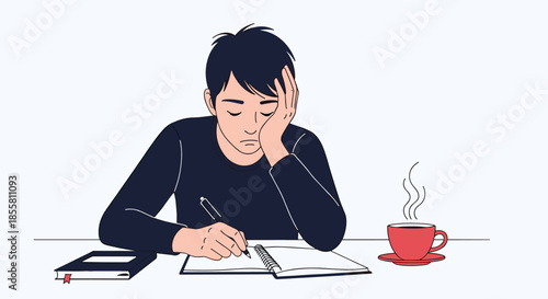Tired and sleepy young man is studying or working late at night at his desk with a book notebook and a cup of coffee.
