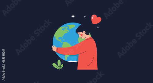 Happy young woman gently hugs the planet Earth with stars and a heart above her head symbolizing love for our world.