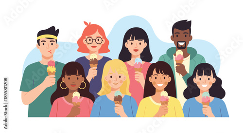 Diverse group of happy young friends from different ethnicities enjoying delicious ice cream cones together on a summer day.
