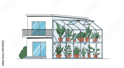 Modern two-story house with a large glass greenhouse attached filled with various beautiful green potted plants on two levels.