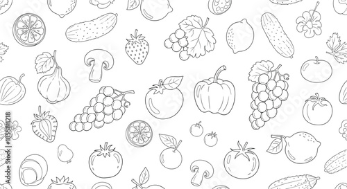 Seamless black and white pattern with hand-drawn fresh fruits and vegetables like grapes tomatoes and cucumbers in a sketch style.