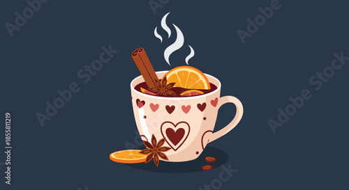 Warm mug of delicious mulled wine with a cinnamon stick star anise and an orange slice perfect for a cozy winter evening.