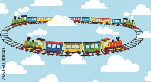 Colorful cartoon toy train with many wagons is traveling on a circular railway track in the sky among white fluffy clouds.