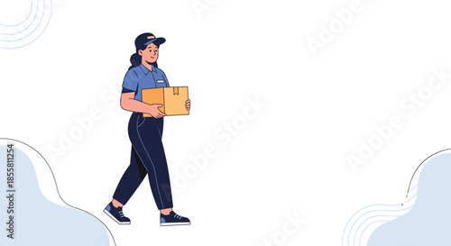 Female courier in a blue uniform and cap walking and carrying a cardboard package for a delivery service with copy space.