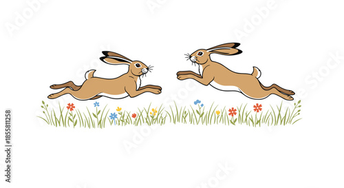 Two cute brown hares are happily jumping and playing together in a green meadow with colorful flowers on a spring day.
