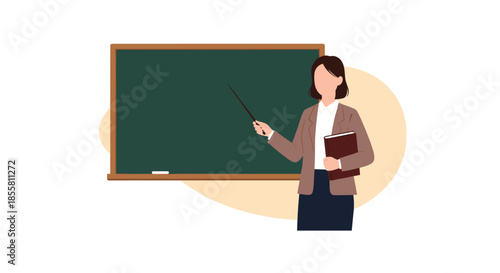 Female teacher in a blazer standing in front of a green chalkboard holding a book and pointer during a classroom lesson.
