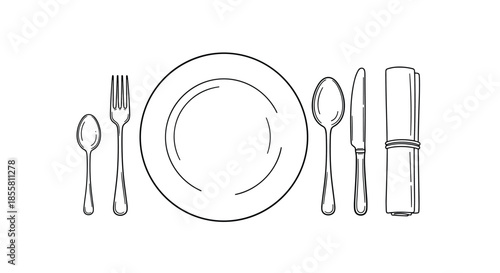 A hand-drawn black and white sketch of a classic restaurant table setting with a plate fork spoon knife and napkin.