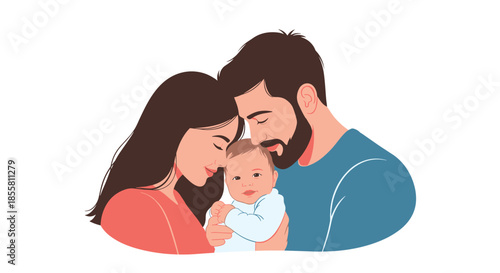 A loving young family with a mother and father tenderly holding their newborn baby together in a heartwarming portrait illustration.