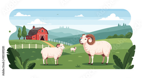 A peaceful farm landscape with two rams grazing in a green meadow with a classic red barn and rolling hills in the background.
